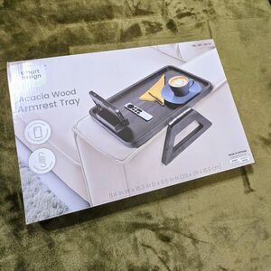 Smart Design Acacia Wooden Sofa Armrest Tray Non Slip Back Drinks Phones Tablets